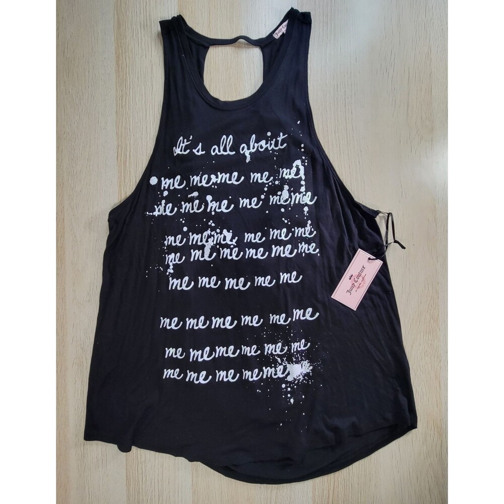 Juicy Couture Tank Top Size L Black All About Me Sleeveless Open Back Shirt
